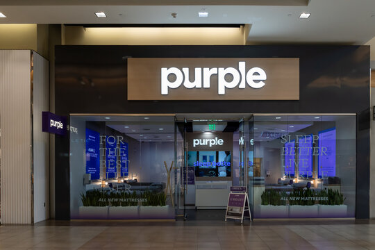 A Purple Mattress Showroom in Fashion Place Shopping Mall in Murray, Utah, USA, on June 23, 2023. 