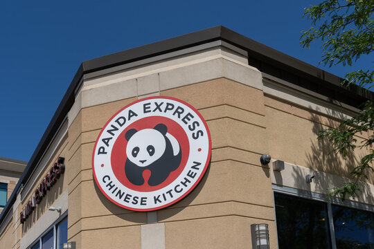 A Panda Express logo on the building. Salt Lake City, Utah, USA,  June 24, 2023. Panda Express is an American fast food restaurant chain that specializes in American Chinese cuisine.