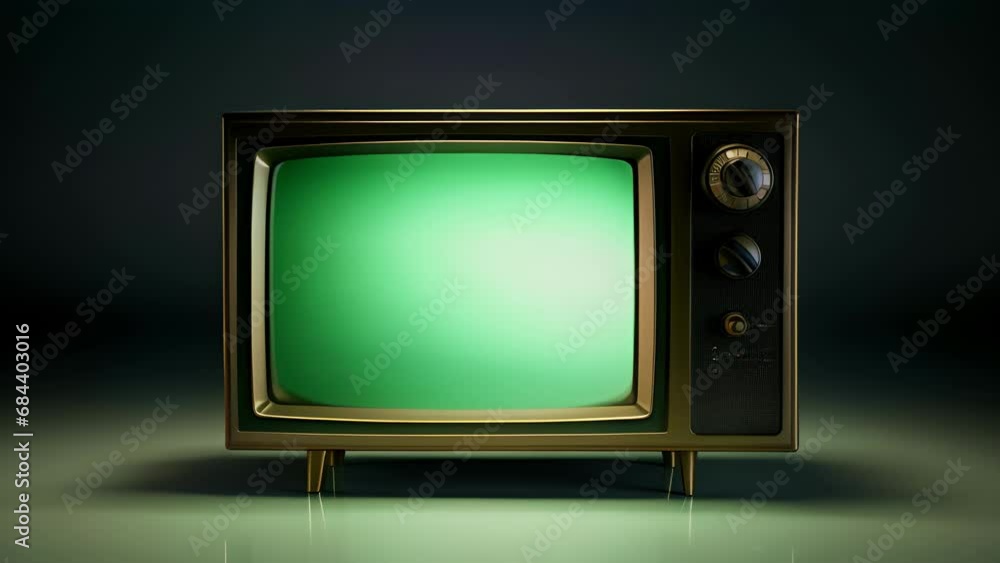 Poster an oldfashioned green and brasshued tv that features a bulky angular design. its screen is covered w