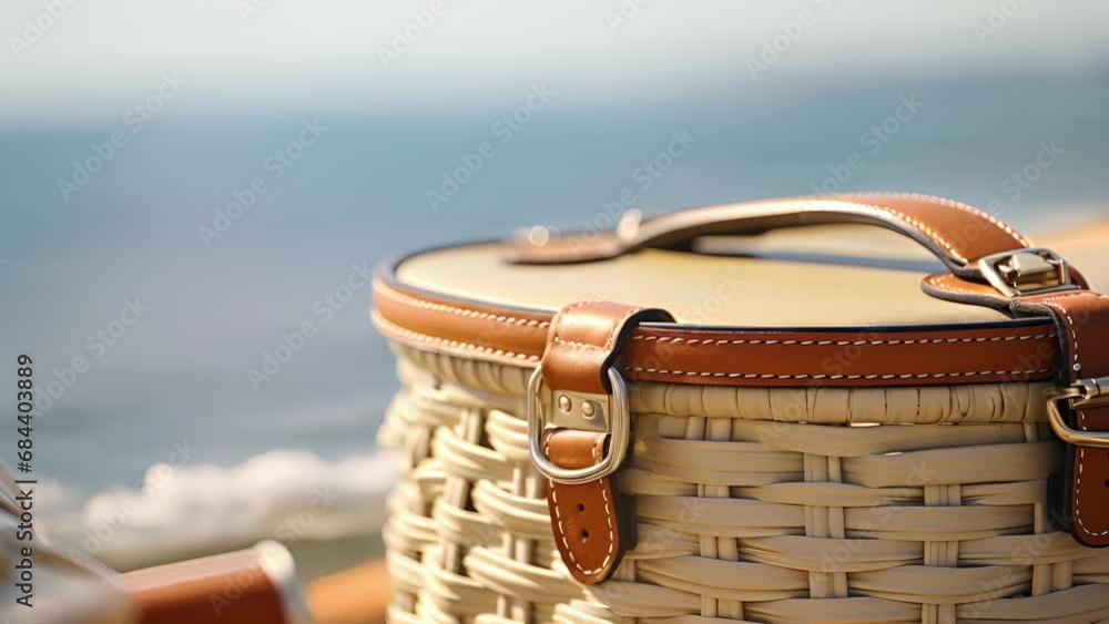 Poster closeup of the delicate leather ss that secure the lid of the picnic basket, adding a touch of sophi