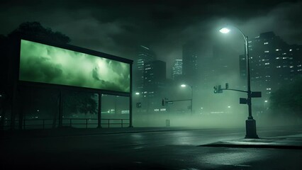 A misty, atmospheric cityscape at night provides the backdrop for a greenscreen billboard that appears almost ghostly. The billboard showcases a haunting image, adding an element of mystery