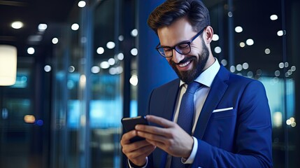 smiling businessman with smartphone