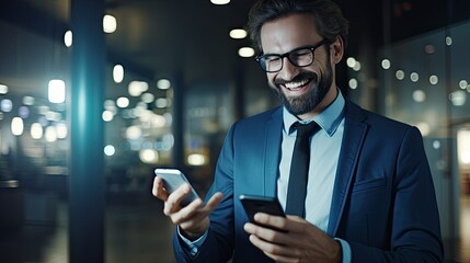 smiling businessman using smartphone in the office