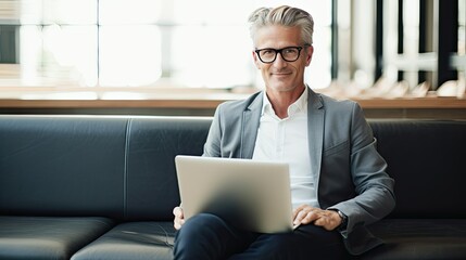  Male executive working on laptop in office lobby 