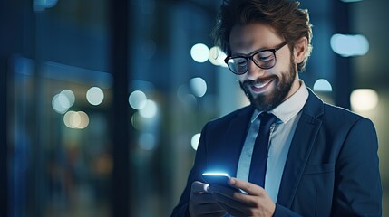 happy smiling businessman wearing suit and using phone in his office at night, smartphone