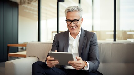 Smiling business professional using digital tablet in office