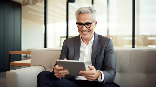 Smiling business professional using digital tablet in office