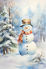 Obraz premium Watercolor Painting, Christmas Snowman, Generative AI
