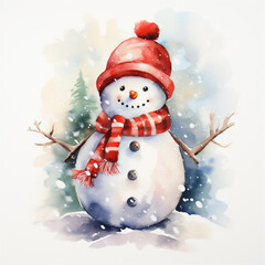 Watercolor Painting, Christmas Snowman, Generative AI