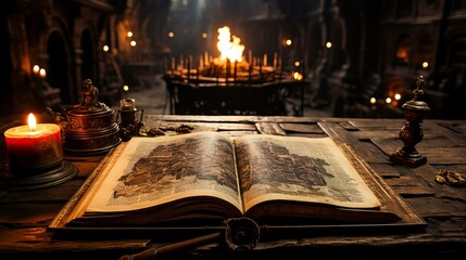 蝋燭の下で古書を読む