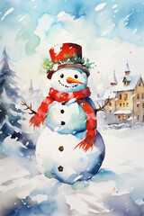 Obraz premium Watercolor Painting, Christmas Snowman, Generative AI