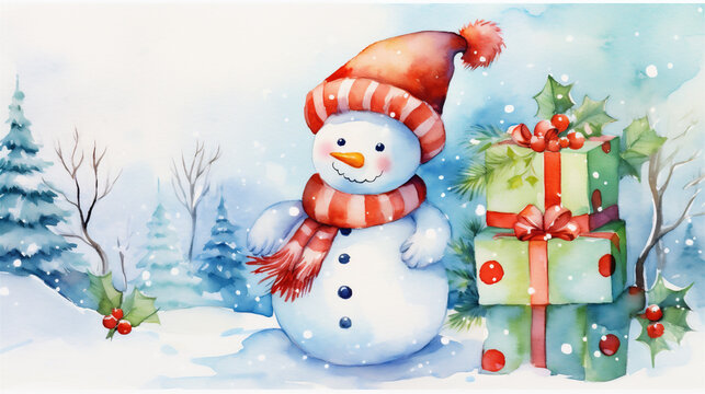 Watercolor Painting, Christmas Snowman, Generative AI