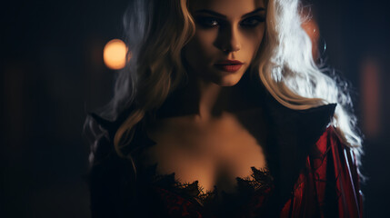 This image features a woman with a seductive gaze, styled in a vampiric costume with lace details, set against a moody, dark backdrop with a soft, glowing light highlighting her features.