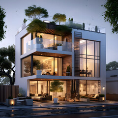 Modern house, white walls, 2 stories, chimney, large glass windows, small terrace on top with plants.