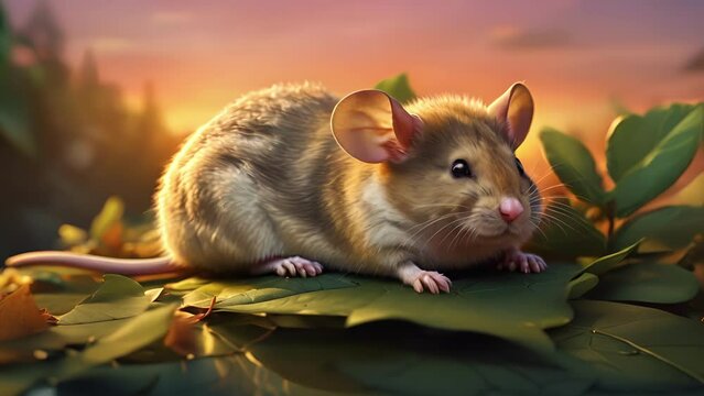 Closeup animation of a chubby mouse lounging on a leaf with a beautiful sunset in the background. .