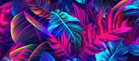 Tropical leaves background. Colorful bright foliage of monstera and palm trees in neon colors. Summer design