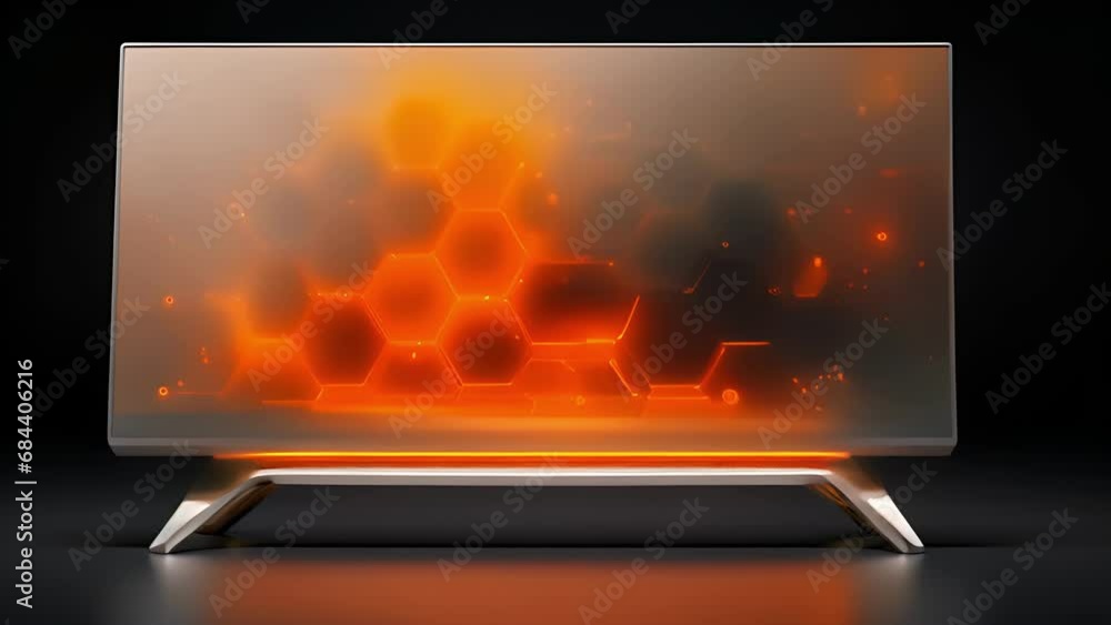 Poster a translucent white tv with a hexagonal design featuring a thin viewing screen framed with polished 