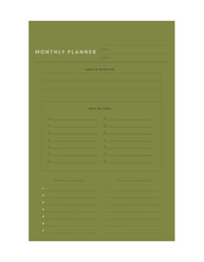 monthly planner. (Green) Minimalist planner template set. Vector illustration.	