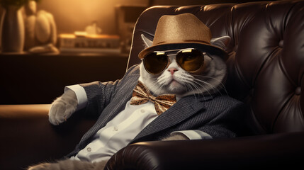 Business cat in a hat and sunglasses and a bow tie. Business concept