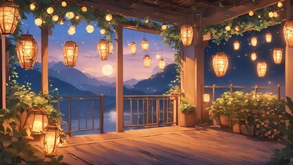 dreamy terrace with flickering lanterns ling fairy lights, perfect ambiance chilled lofi session under stars. stream overlay animation