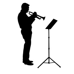 Silhouette of a male musician playing trumpet musical instrument.  - obrazy, fototapety, plakaty