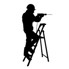 Silhouette of a worker with drill machine. Silhouette of a man working with drill power tool.