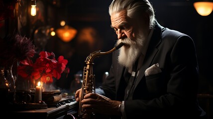 man playing saxophone enjoying music, elderly man doing favorite hobbies in his later years