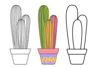 Cactus in flowerpot doodle cartoon set. Western home plants mexican desert contour and sketch cacti. Hand drawn textured succulent collection isolated. Potted linear houseplants vector illustration