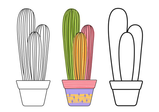 Cactus in flowerpot doodle cartoon set. Western home plants mexican desert contour and sketch cacti. Hand drawn textured succulent collection isolated. Potted linear houseplants vector illustration