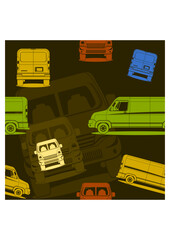 Editable Flat Monochrome Style of Various Colors and Views Cargo Delivery Van Vector Illustration Seamless Pattern With Dark Background for Transportation Vehicle or Shipping Business Related Design