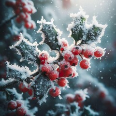 Ilex cornuta Lindl with snowflakes.Generative AI