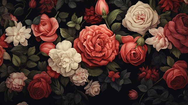 A 3D floral wallpaper design showcasing a symphony of roses in various stages of bloom against a dark backdrop.