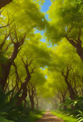Fototapeta premium A vibrant, sun-drenched bosque with a canopy of lush foliage.