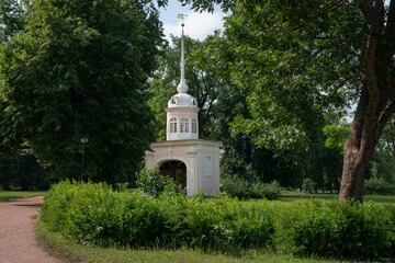The Entrance Gate of Honor with a weather vane in the Oranienbaum Palace and Park Ensemble on a...