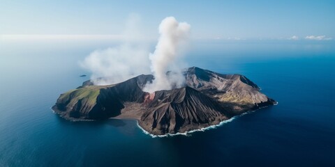 Aerial view of a volcanic island with active eruption - Powered by Adobe