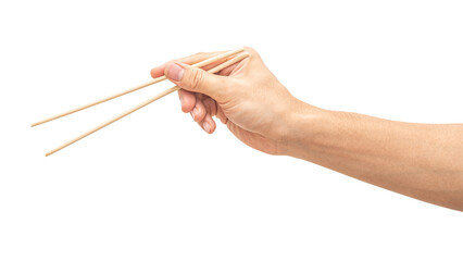 isolated of a man's hand holding a wood chopstick.
