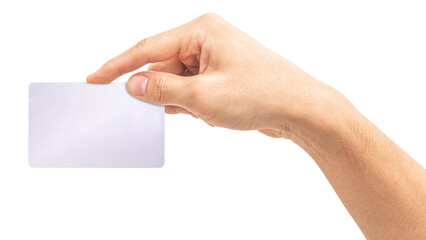 The man's hand holds a silver platinum card isolated on white background.