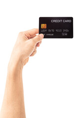 The man's hand holds black credit card isolated on white background.