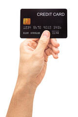 The man's hand holds black credit card isolated on white background.