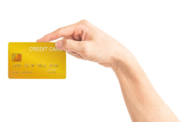 The man's hand holds a gold credit card isolated on a white background.