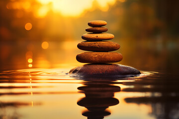 Obraz na płótnie Canvas Stack of zen stones on water with a nature background. The image conveys a sense of balance, harmony, and peace. Suitable for use in wellness, therapy, and relaxation concepts