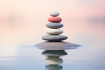 Fototapeta na wymiar Stack of zen stones on water with a nature background. The image conveys a sense of balance, harmony, and peace. Suitable for use in wellness, therapy, and relaxation concepts