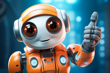 Orange robot showing a thumbs up gesture. The friendly robot has big round eyes and a friendly smile. Concept of artificial intelligence technology approval agreement, success, friendliness