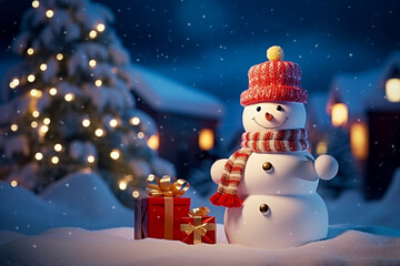 Peaceful and serene Christmas scene with a decorated Christmas tree with gifts presents and a cute snowman in a snowy forest