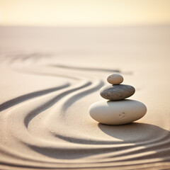 Fototapeta na wymiar Zen stones stack on raked sand waves in a minimalist setting for balance and harmony. Balance, harmony, and peace of mind, wellness, meditation, and spirituality concept