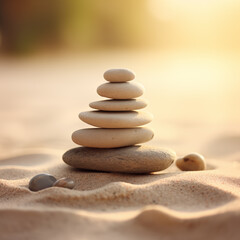 Fototapeta na wymiar Zen stones stack on sand waves in a minimalist setting for balance and harmony. Balance, harmony, and peace of mind, wellness, meditation, and spirituality concept