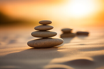 Zen stones stack on sand waves in a minimalist setting for balance and harmony. Balance, harmony, and peace of mind, wellness, meditation, and spirituality concept
