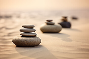 Fototapeta na wymiar Zen stones stacks on sand waves in a minimalist setting for balance and harmony. Balance, harmony, and peace of mind, wellness, meditation, and spirituality concept
