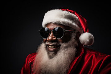 Modern black Santa Claus in Santa hat with sunglasses and long white beard, smiling while looking at camera against dark background. Festive and cheerful spirit of the holiday season