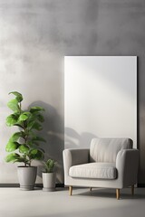 An armchair, house plant and a big art in modern home decoration. Part of the interior in a minimalist style against the background of a dark gray concrete wall. Vertical photo with copy space.